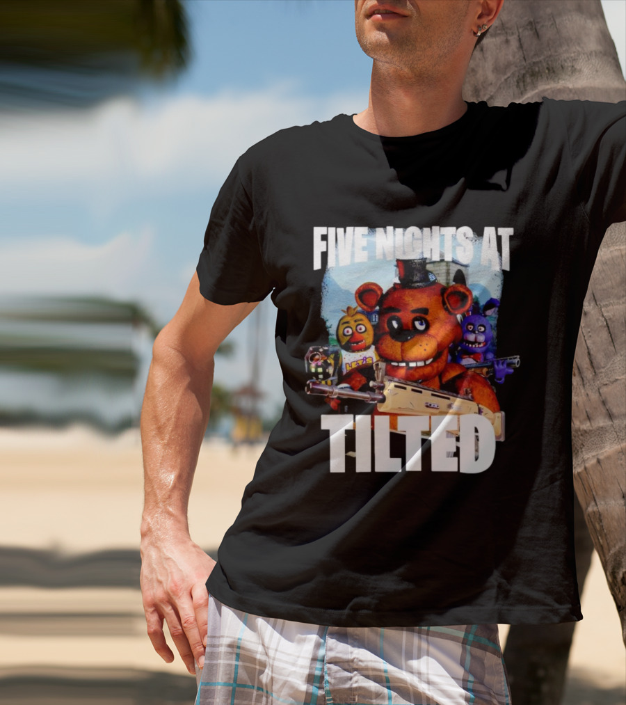 Five Nights At Tilted Freddy Bear Characters With Guns T-Shirt