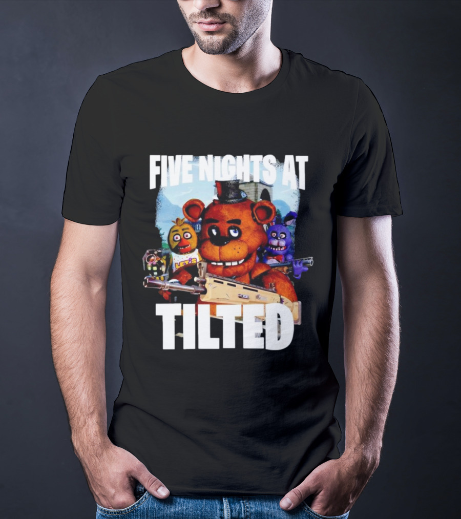 Five Nights At Tilted Freddy Bear Characters With Guns T-Shirt