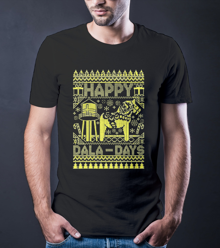 Andersonville Happy Dala Days Christmas Sweater Pattern With Water Tower And Dala Horse T-Shirt