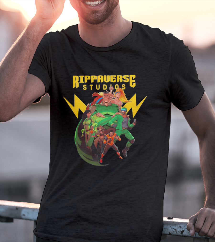 Rippaverse Studios Superhero Team Iconic Action Characters T-Shirt