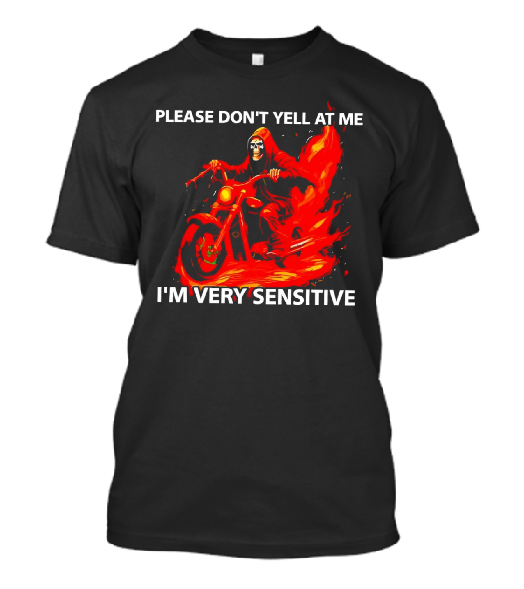 PLEASE DON'T YELL AT ME I'M VERY SENSITIVE Flaming Grim Reaper Motorcycle Rider T-Shirt