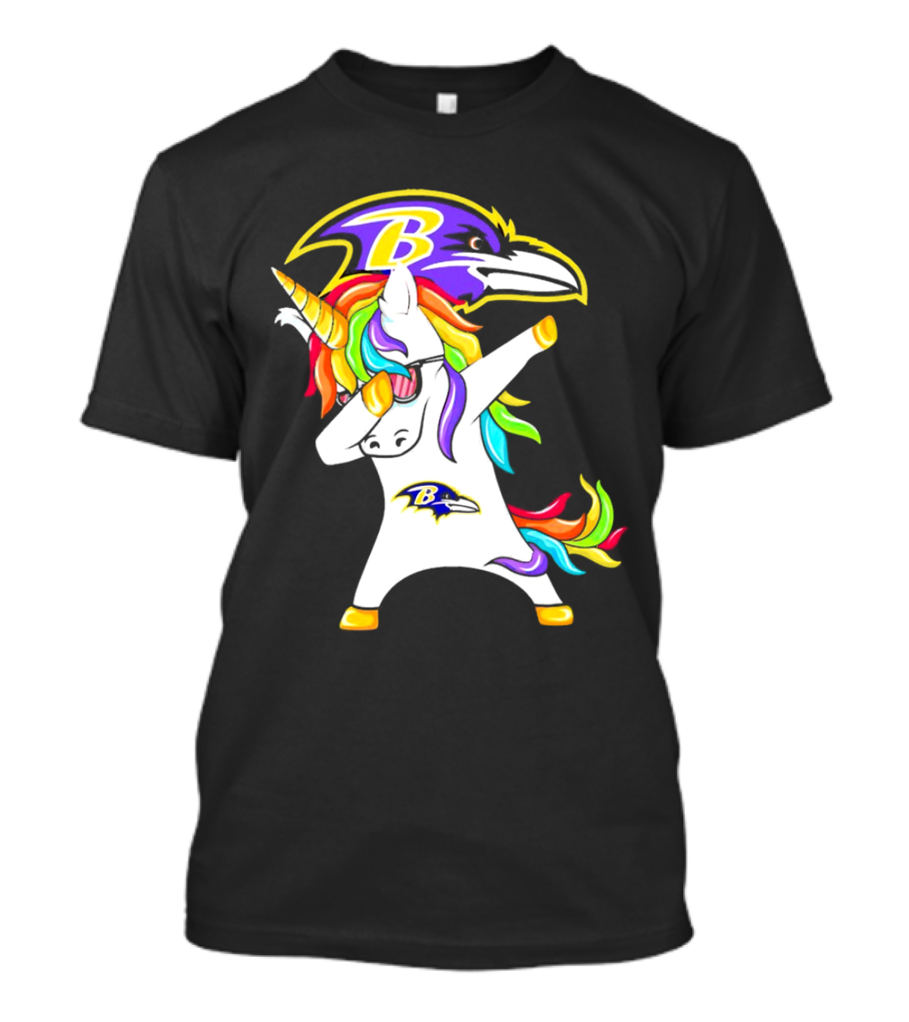 Unicorn Dabbing With Baltimore Ravens Logo And Rainbow Mane T-Shirt