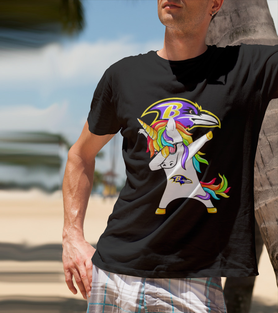 Unicorn Dabbing With Baltimore Ravens Logo And Rainbow Mane T-Shirt