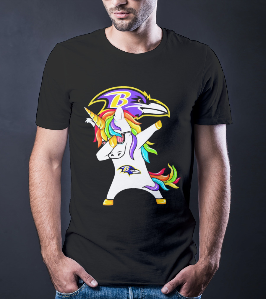 Unicorn Dabbing With Baltimore Ravens Logo And Rainbow Mane T-Shirt