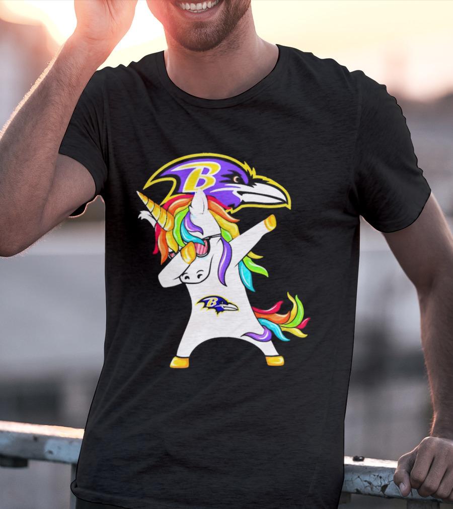 Unicorn Dabbing With Baltimore Ravens Logo And Rainbow Mane T-Shirt