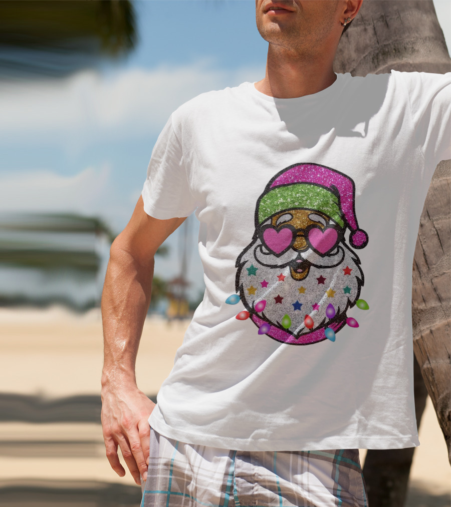 Glittery Pink Santa Claus With Heart Sunglasses And Colorful Stars And Holiday Lights T-Shirt
