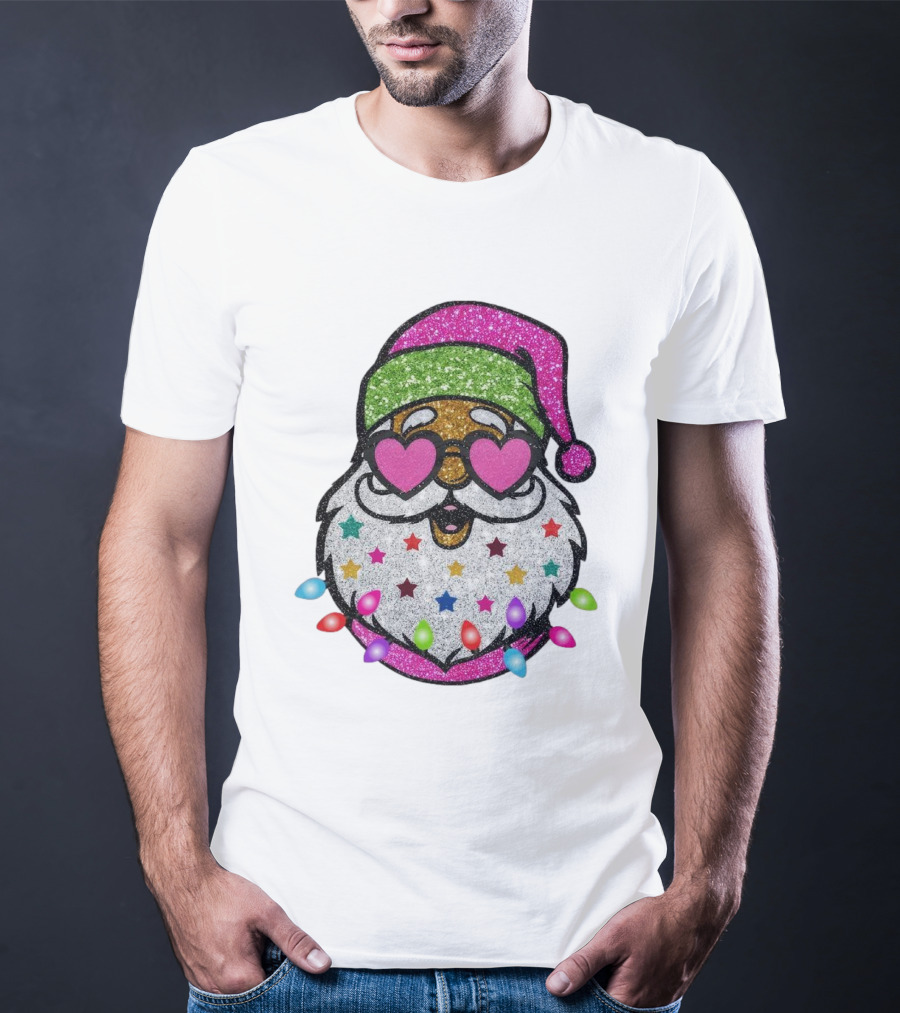 Glittery Pink Santa Claus With Heart Sunglasses And Colorful Stars And Holiday Lights T-Shirt