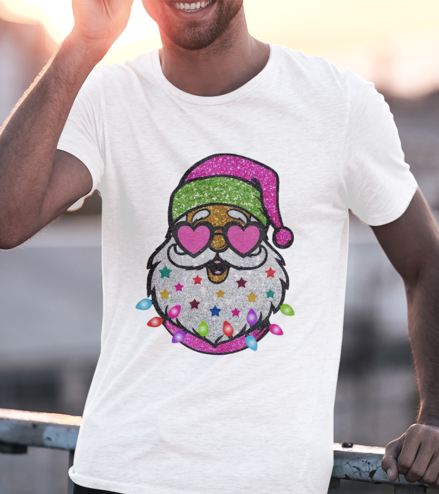 Glittery Pink Santa Claus With Heart Sunglasses And Colorful Stars And Holiday Lights T-Shirt