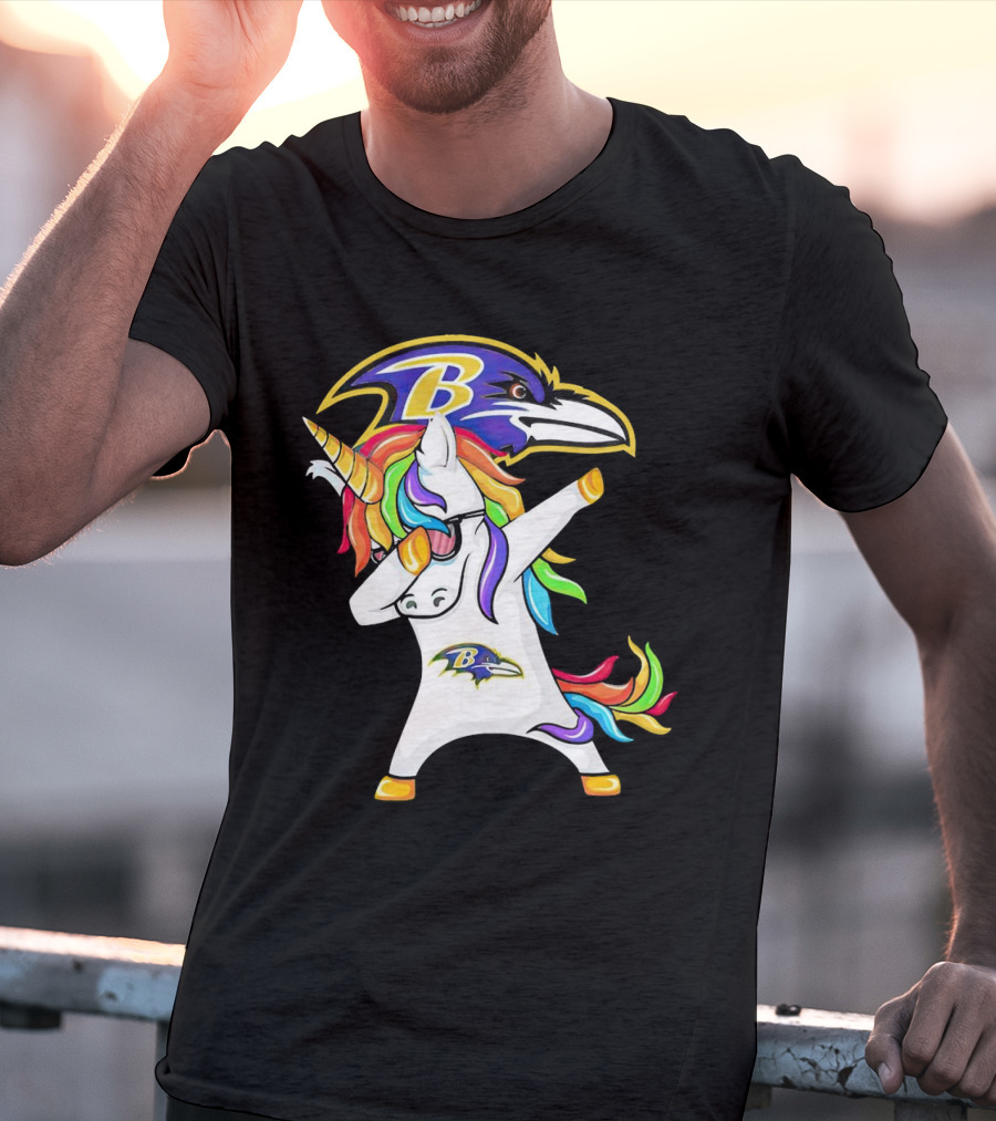 Unicorn Dabbing Baltimore Ravens Emblem Rainbow Colors T-Shirt