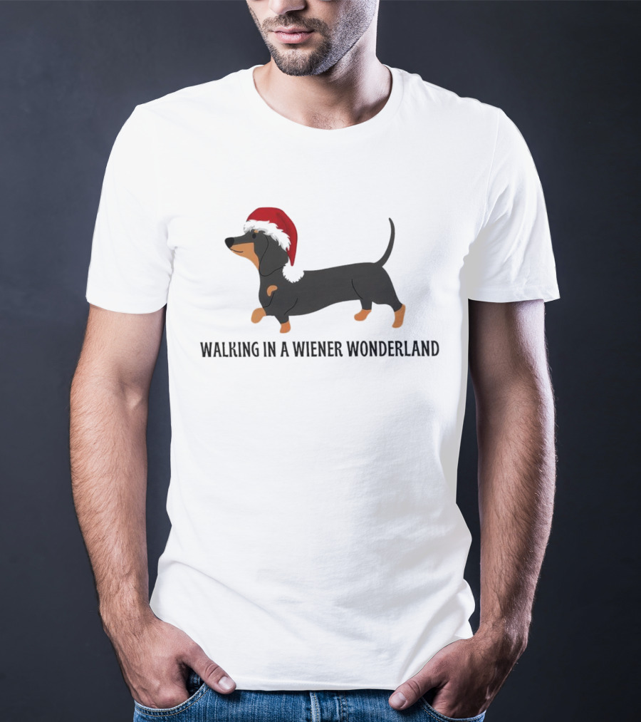 Christmas Walking In A Wiener Wonderland Dachshund With Santa Hat T-Shirt