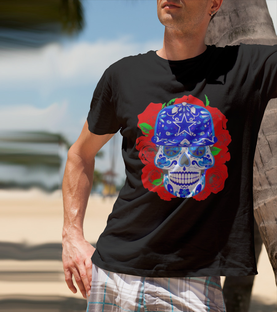 Dallas Cowboys Sugar Skull With Blue Star Hat And Roses T-Shirt