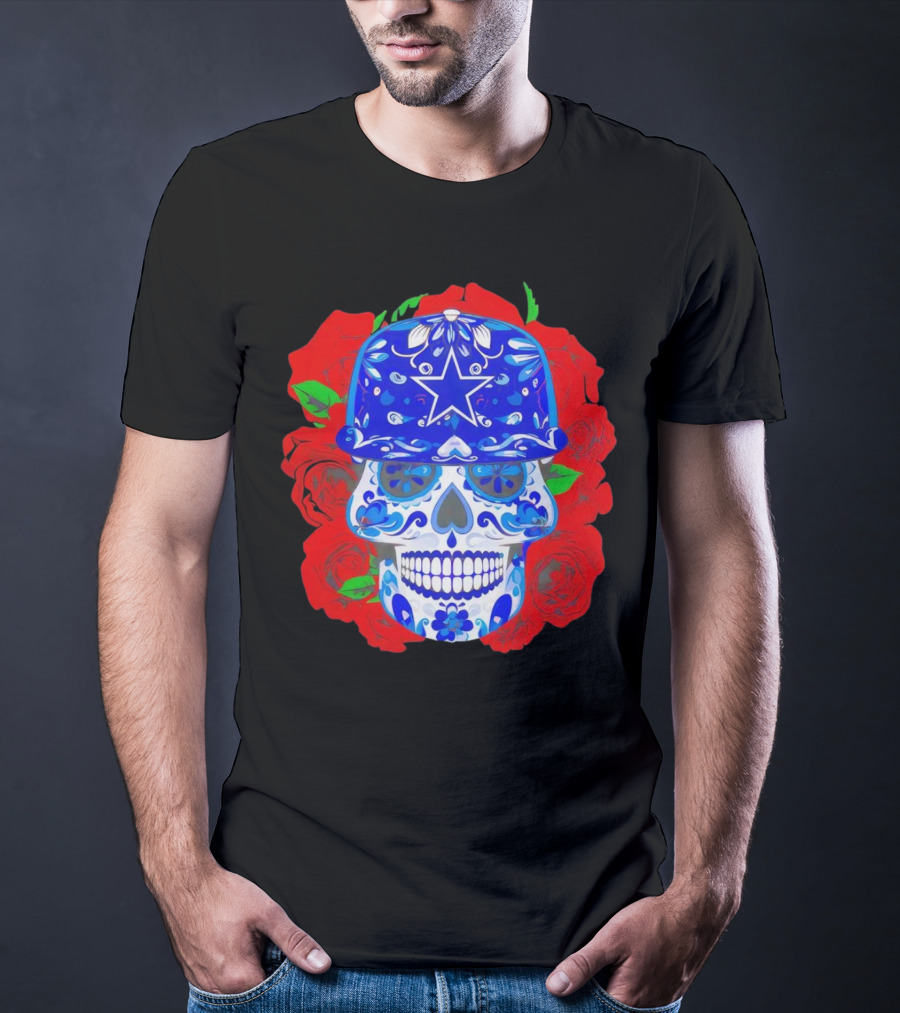 Dallas Cowboys Sugar Skull With Blue Star Hat And Roses T-Shirt