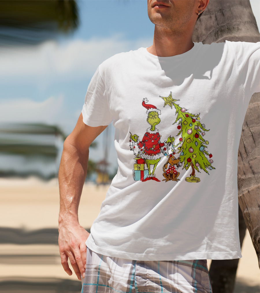 Grinch In Santa Hat And Dog With Christmas Tree And Presents T-Shirt