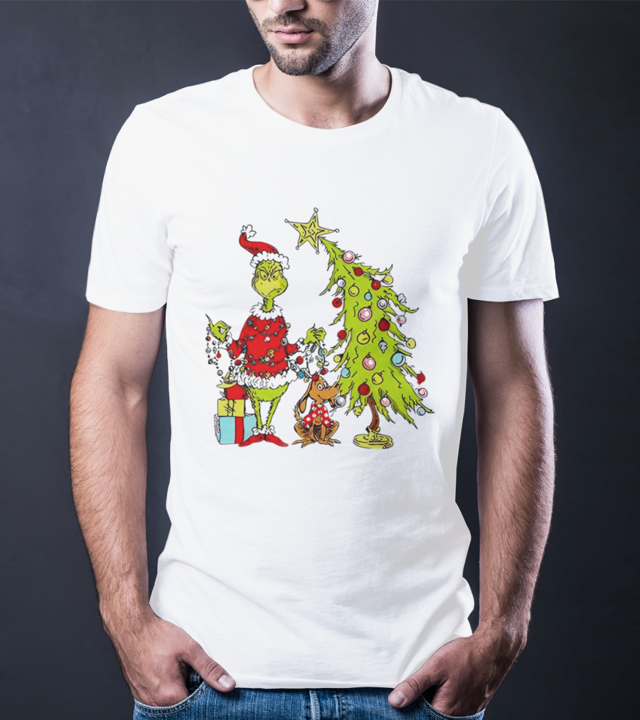 Grinch In Santa Hat And Dog With Christmas Tree And Presents T-Shirt