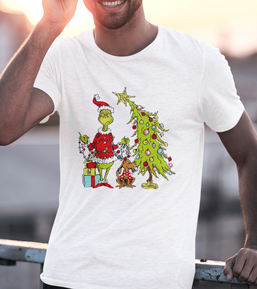 Grinch In Santa Hat And Dog With Christmas Tree And Presents T-Shirt