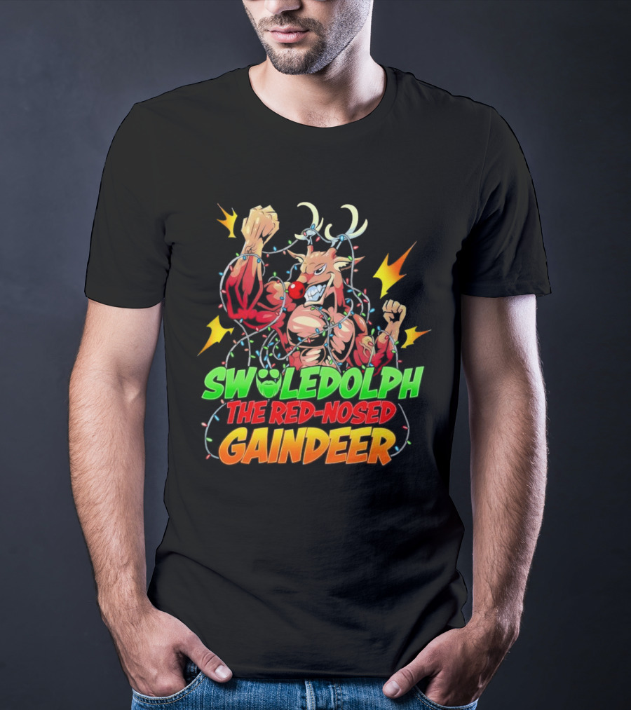 Swoledolph The Red-Nosed Gaindeer Christmas Lights Flexing T-Shirt