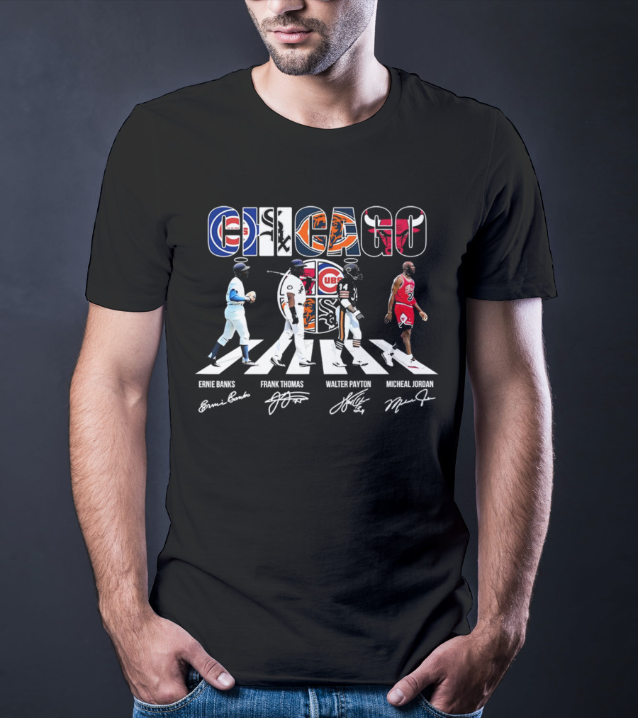 Chicago Cubs Bears Bulls Abbey Road Ernie Banks Frank Thomas Walter Payton Michael Jordan Signatures T-Shirt