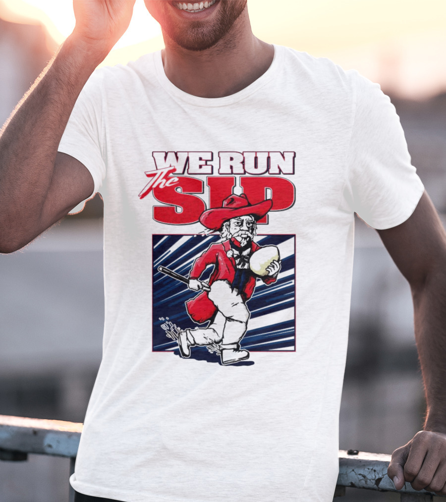 We Run The Sip Ole Miss Rebels Football Mascot Running With Ball T-Shirt
