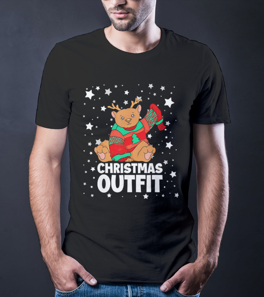 Bear Reindeer Christmas Outfit With Festive Sweater And Stars T-Shirt