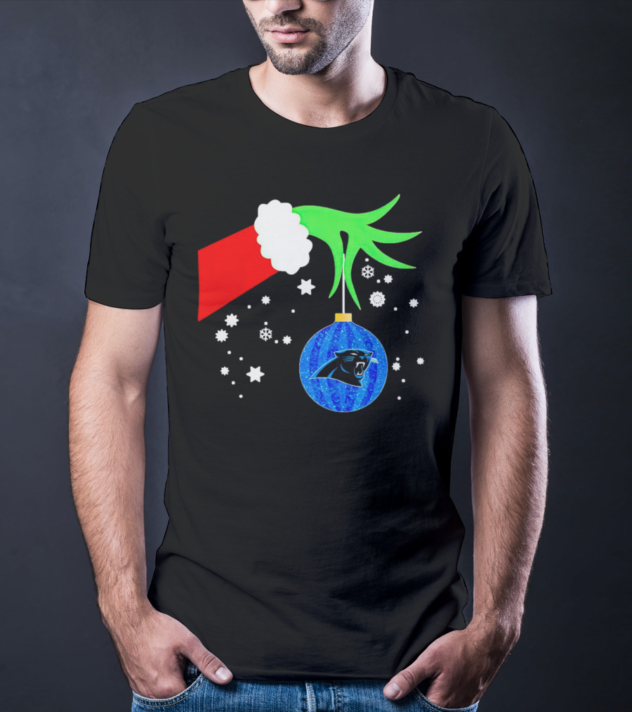 The Grinch Holding Carolina Panthers Christmas Ornament With Snowflakes T-Shirt
