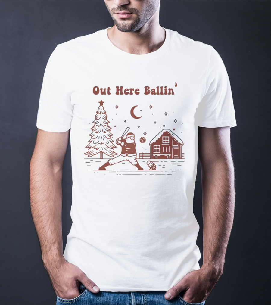 Out Here Ballin' Santa Playing Baseball Christmas Scene T-Shirt