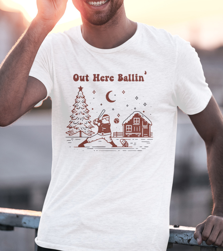 Out Here Ballin' Santa Playing Baseball Christmas Scene T-Shirt