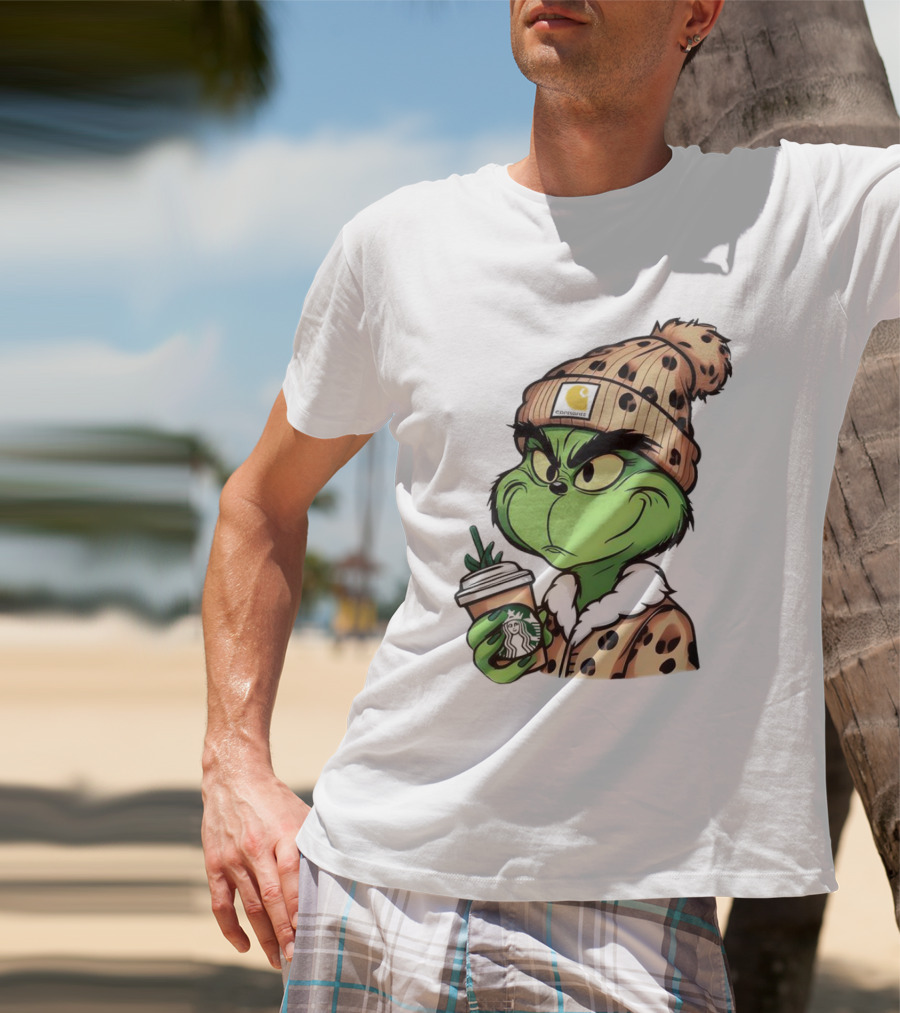 Grinch Boujee Leopard Coffee Cozy Winter T-Shirt