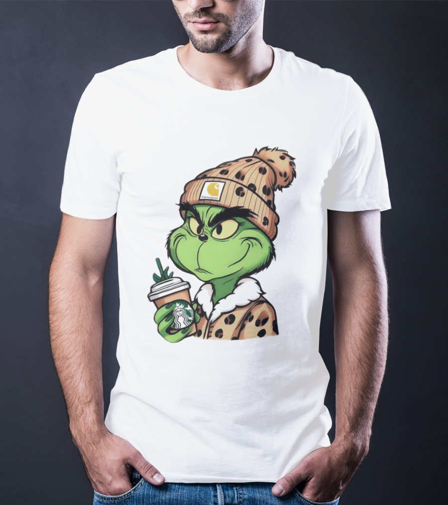 Grinch Boujee Leopard Coffee Cozy Winter T-Shirt