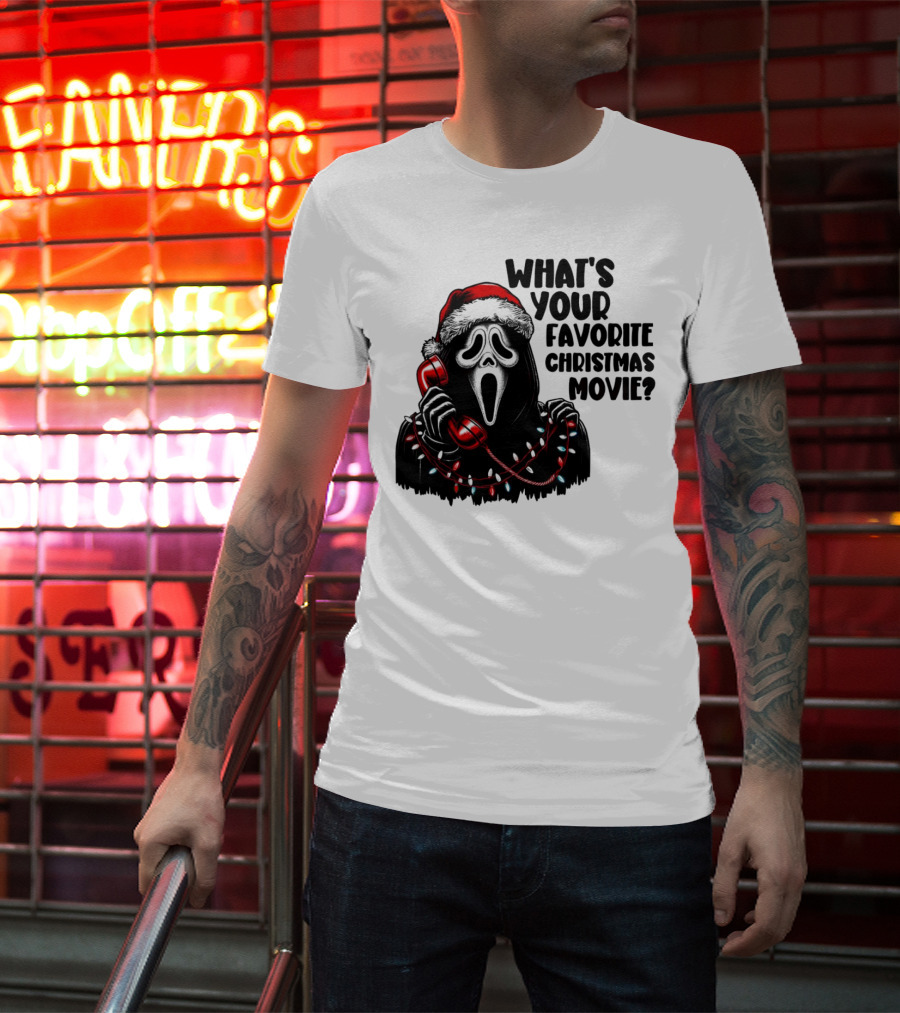 Ghostface What's Your Favorite Christmas Movie Festive Horror Santa Hat Phone Lights T-Shirt