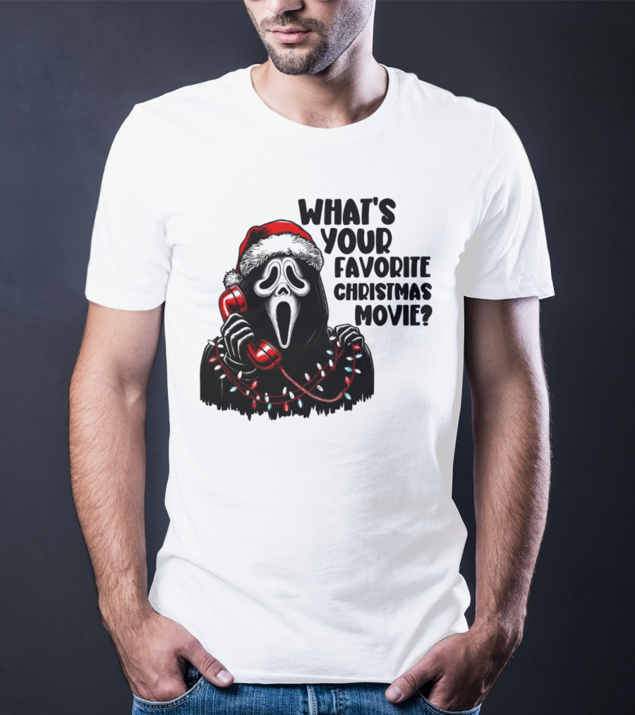 Ghostface What's Your Favorite Christmas Movie Festive Horror Santa Hat Phone Lights T-Shirt