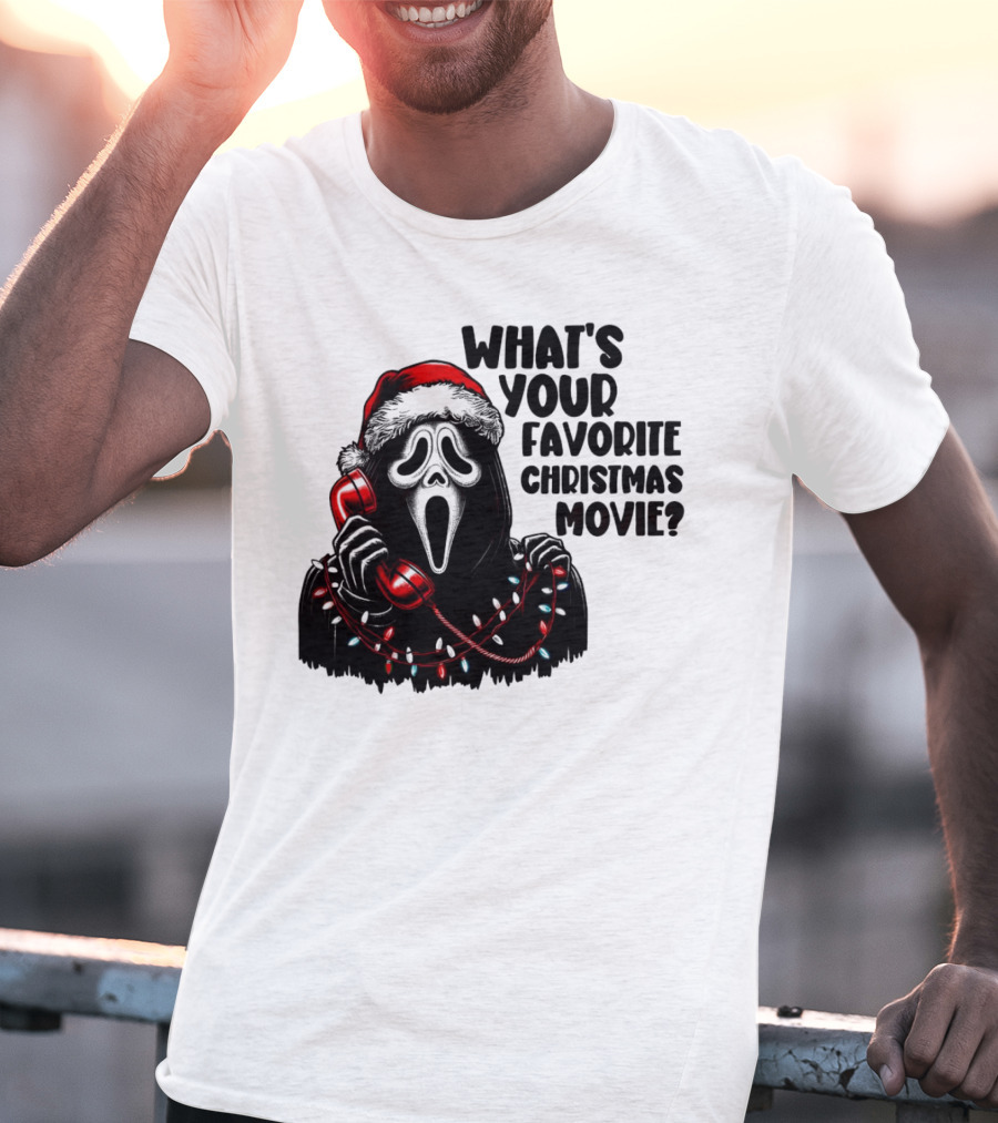 Ghostface What's Your Favorite Christmas Movie Festive Horror Santa Hat Phone Lights T-Shirt