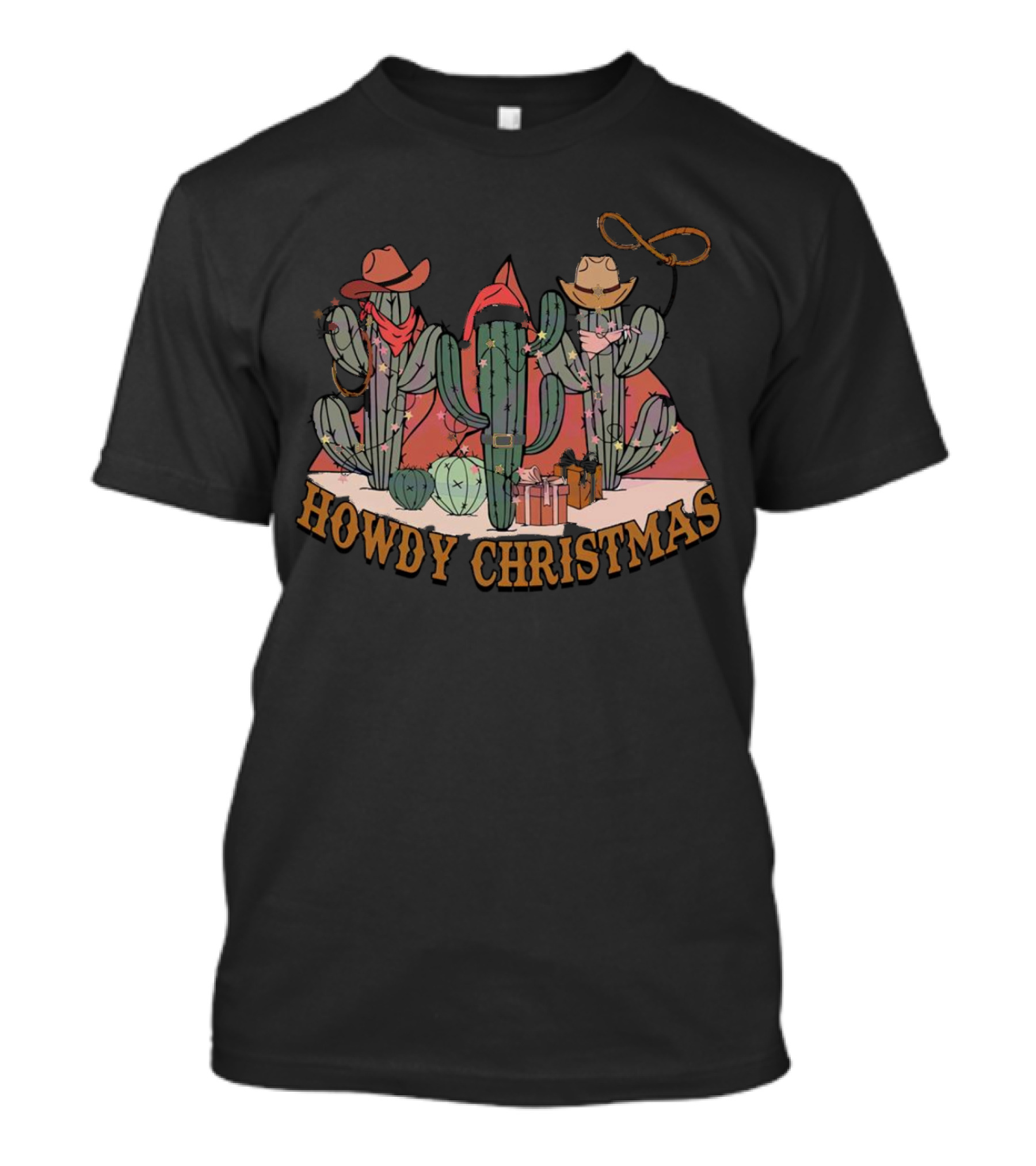 Howdy Christmas Cactus Cowboy Hats And Lasso Holiday Scene T-Shirt
