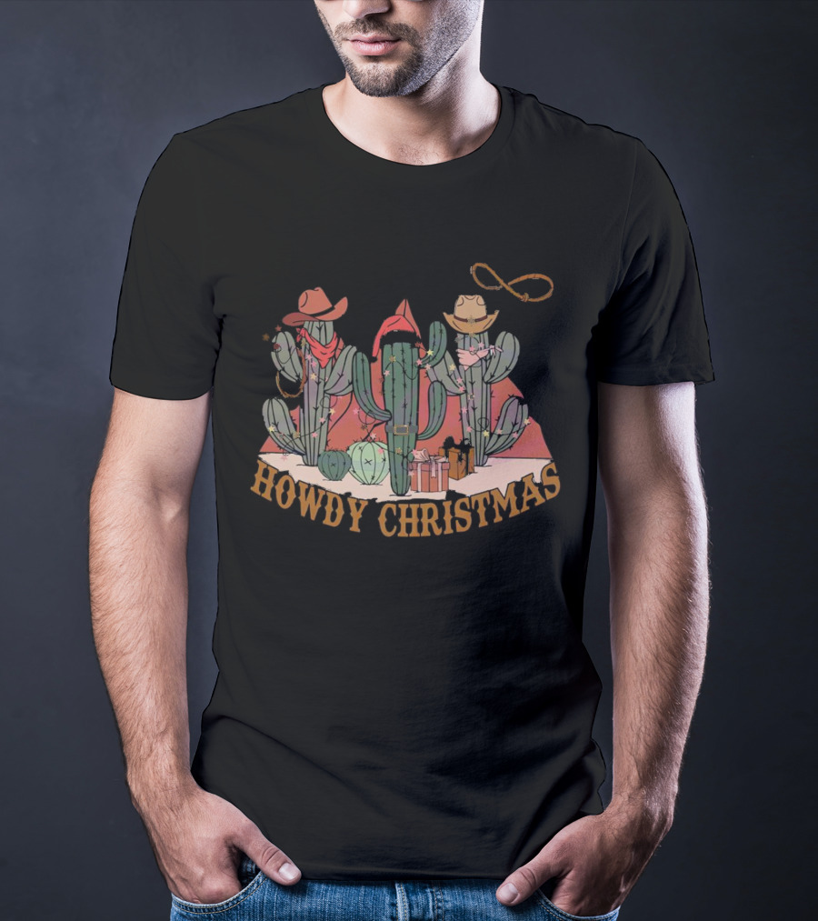 Howdy Christmas Cactus Cowboy Hats And Lasso Holiday Scene T-Shirt