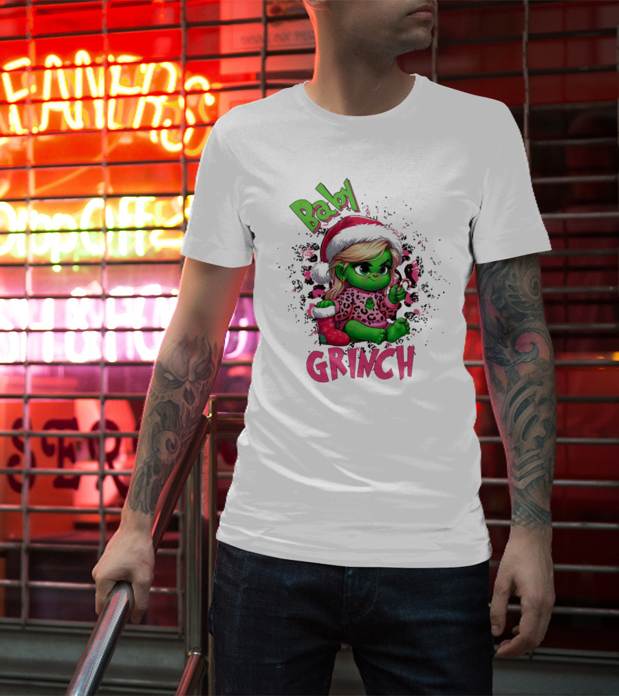 Baby Grinch Pink Leopard Christmas T-Shirt