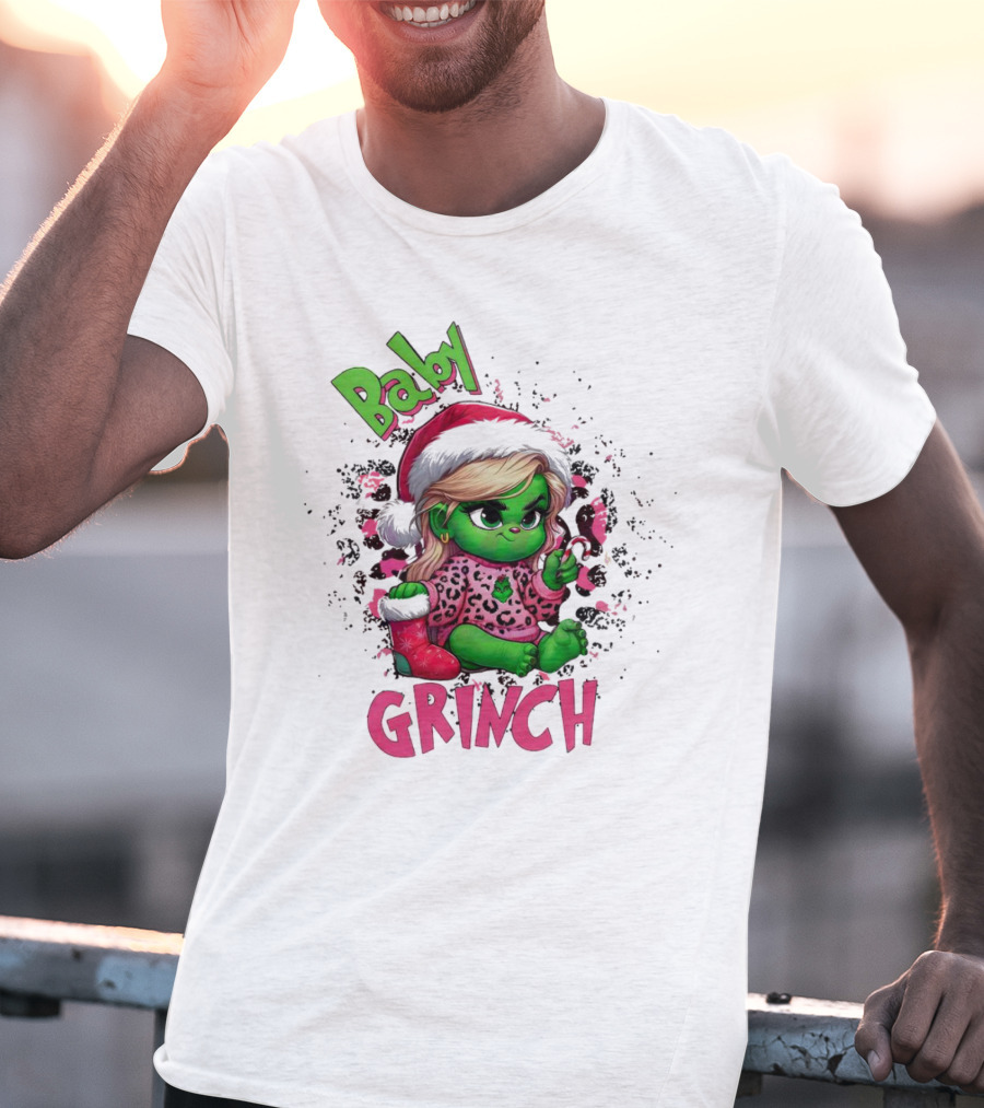 Baby Grinch Pink Leopard Christmas T-Shirt