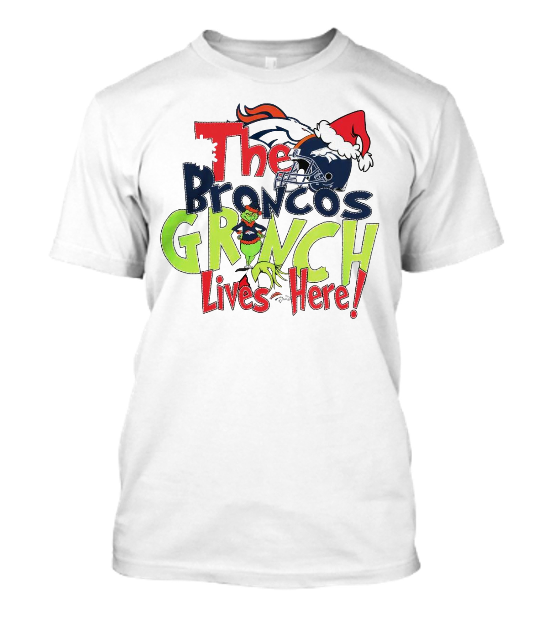 The Broncos Grinch Lives Here Christmas Denver Broncos Santa Hat Helmet T-Shirt