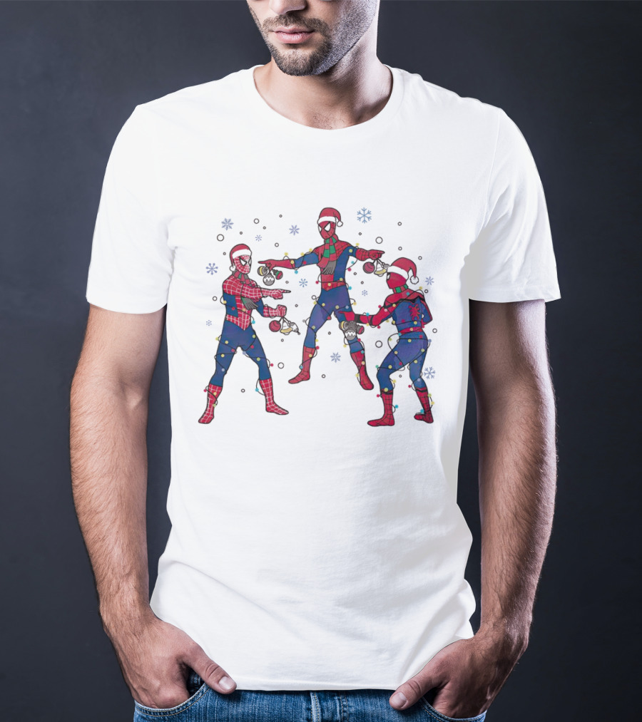 Funny Marvel Three Spiderman Meme Santa Christmas Lights Snowflakes T-Shirt