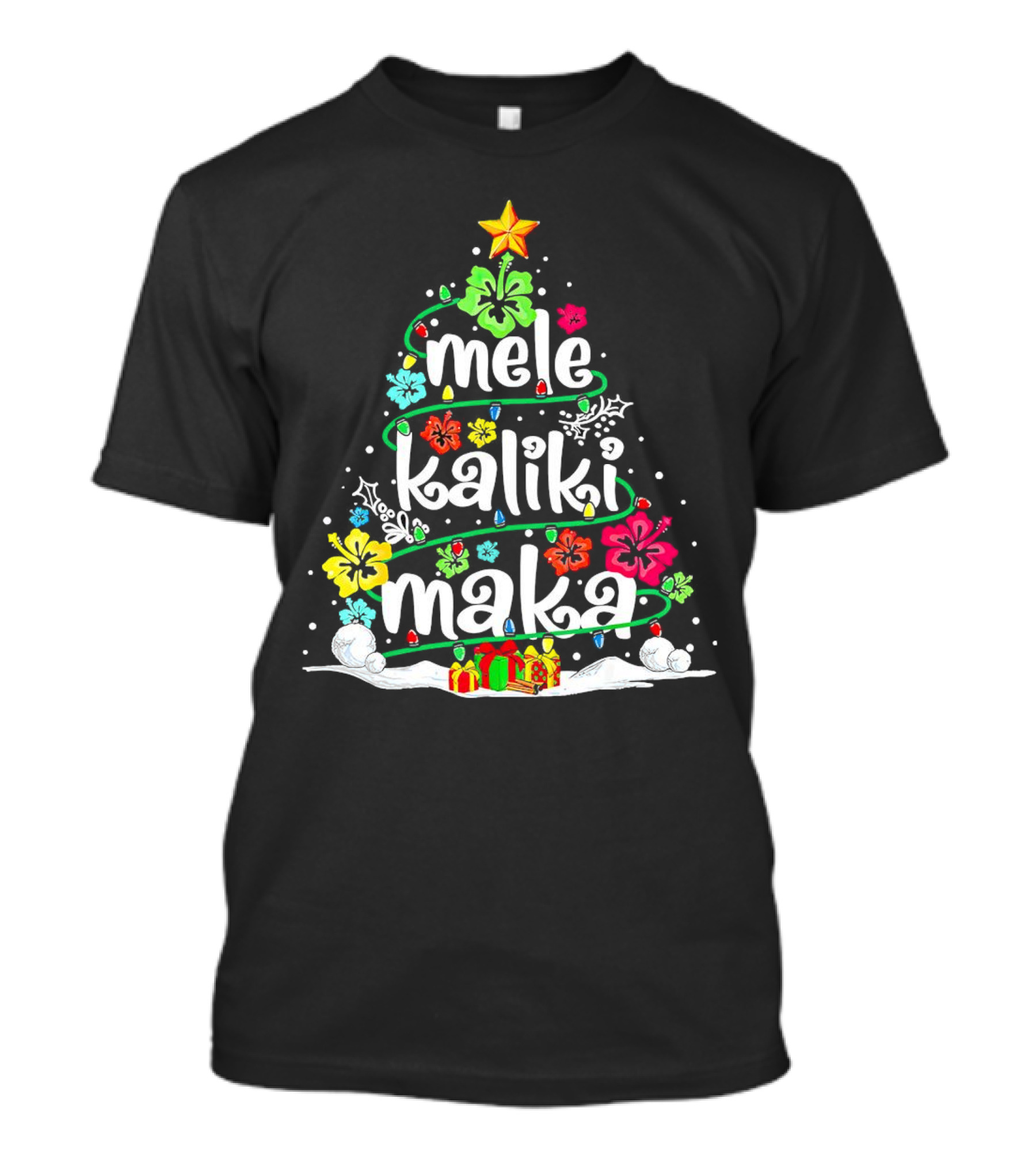 Mele Kalikimaka Christmas Tree With Flowers And Gifts T-Shirt
