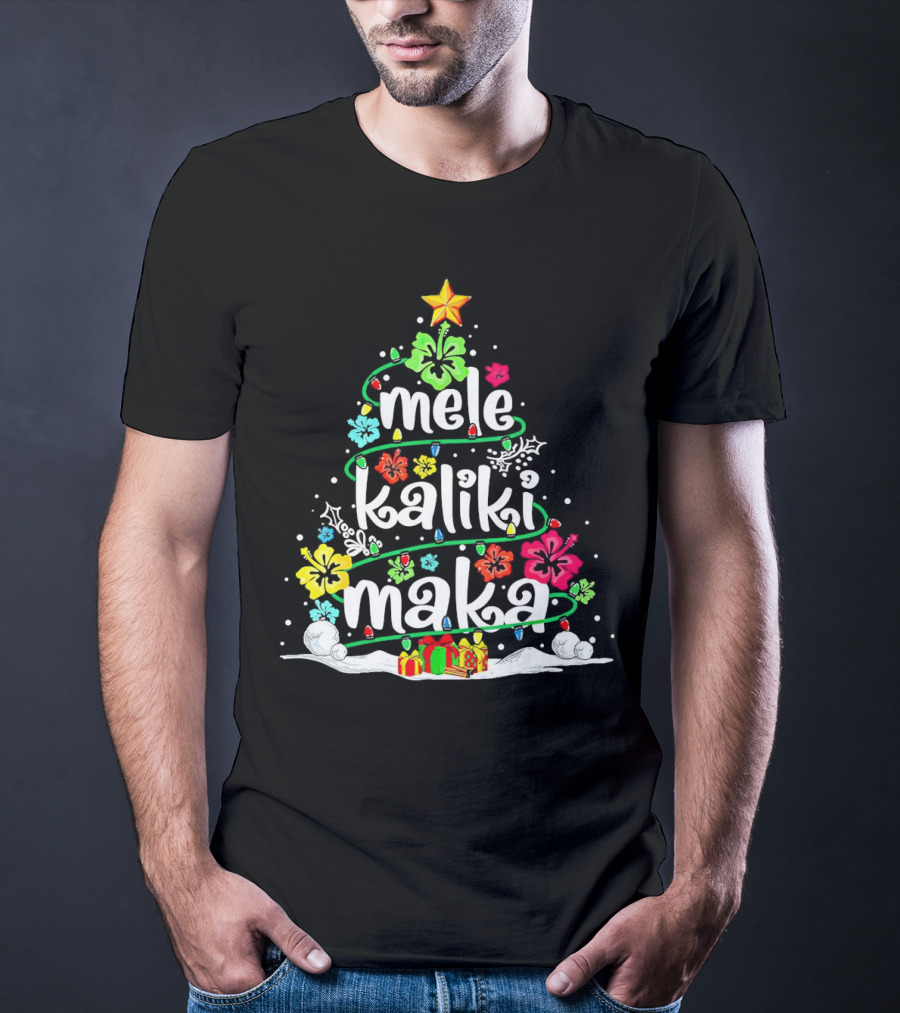 Mele Kalikimaka Christmas Tree With Flowers And Gifts T-Shirt