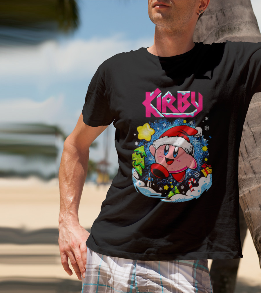Kirby Holiday Snow Adventure With Kreator Style Santa Hat And Winter Delights T-Shirt