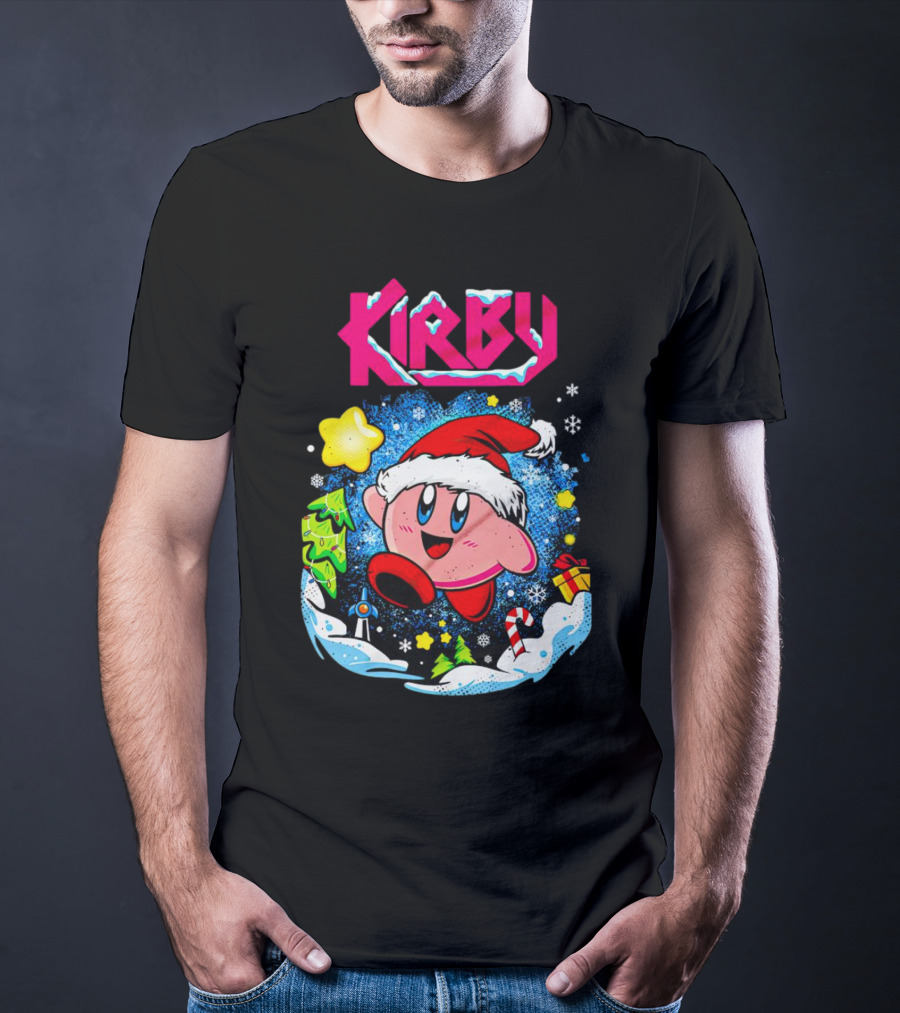 Kirby Holiday Snow Adventure With Kreator Style Santa Hat And Winter Delights T-Shirt