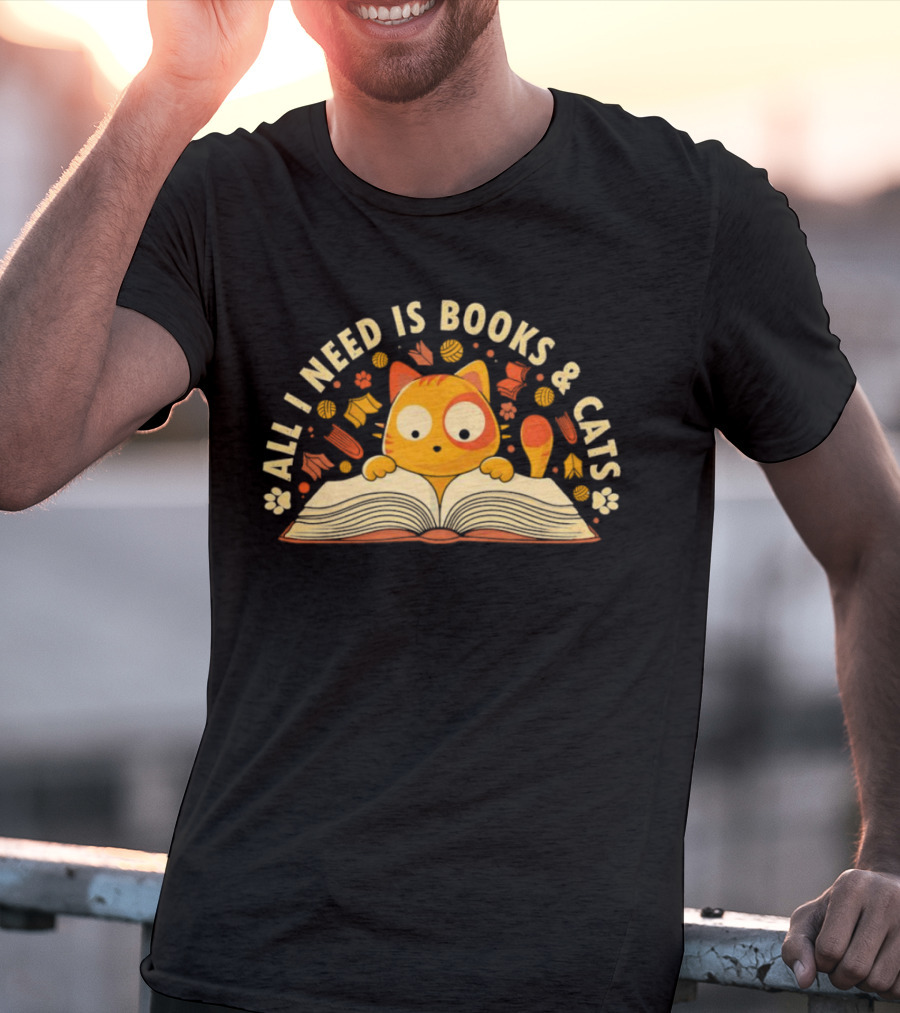 All I Need Is Books And Cats With Curious Feline And Open Book T-Shirt