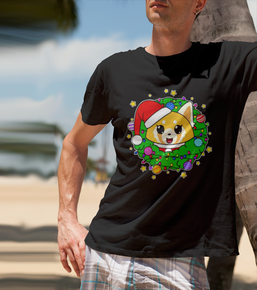 Aggressively Merry Christmas Kawaii Red Panda With Santa Hat In Holiday Wreath T-Shirt