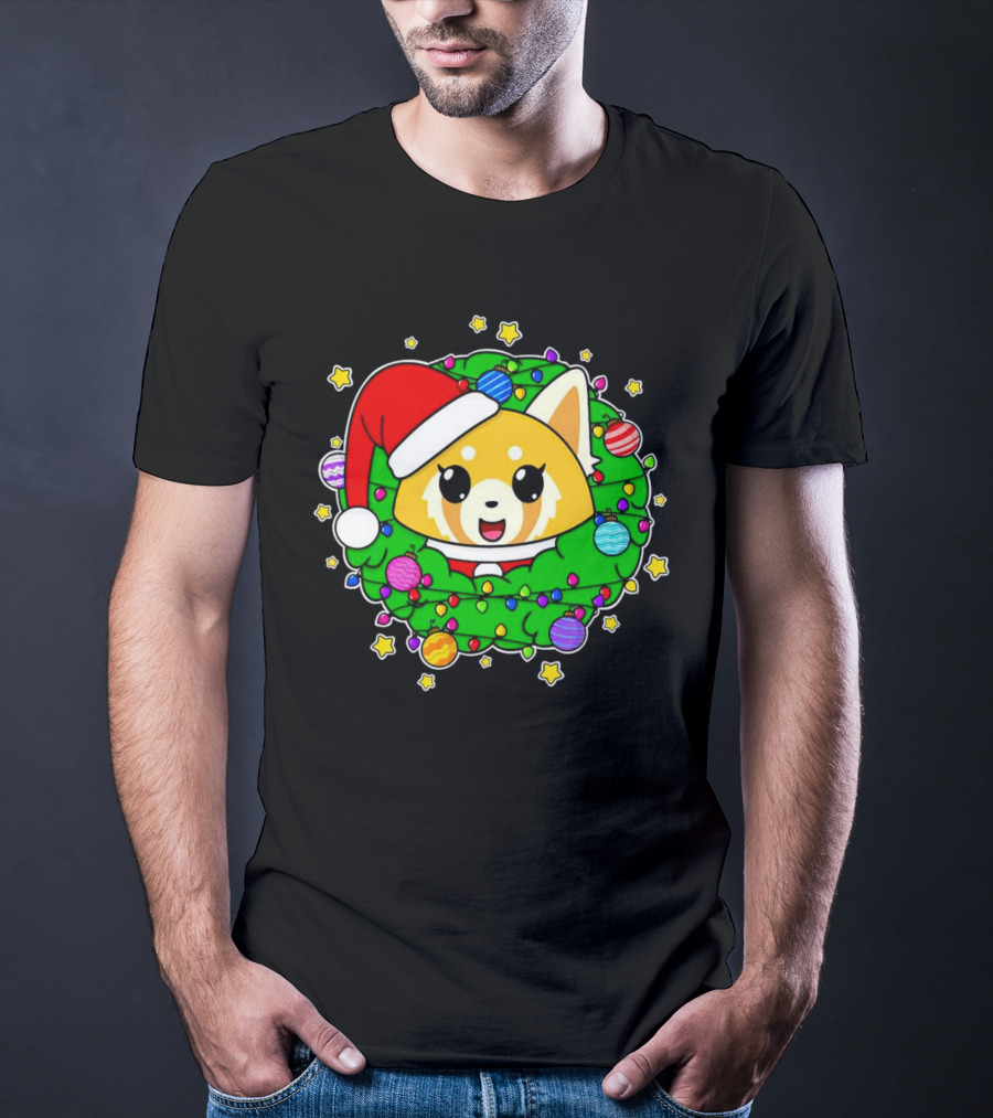 Aggressively Merry Christmas Kawaii Red Panda With Santa Hat In Holiday Wreath T-Shirt