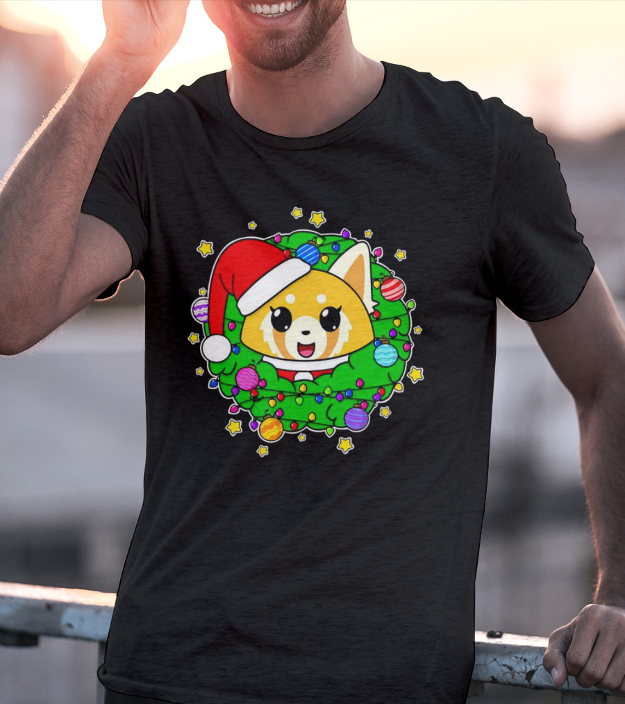 Aggressively Merry Christmas Kawaii Red Panda With Santa Hat In Holiday Wreath T-Shirt