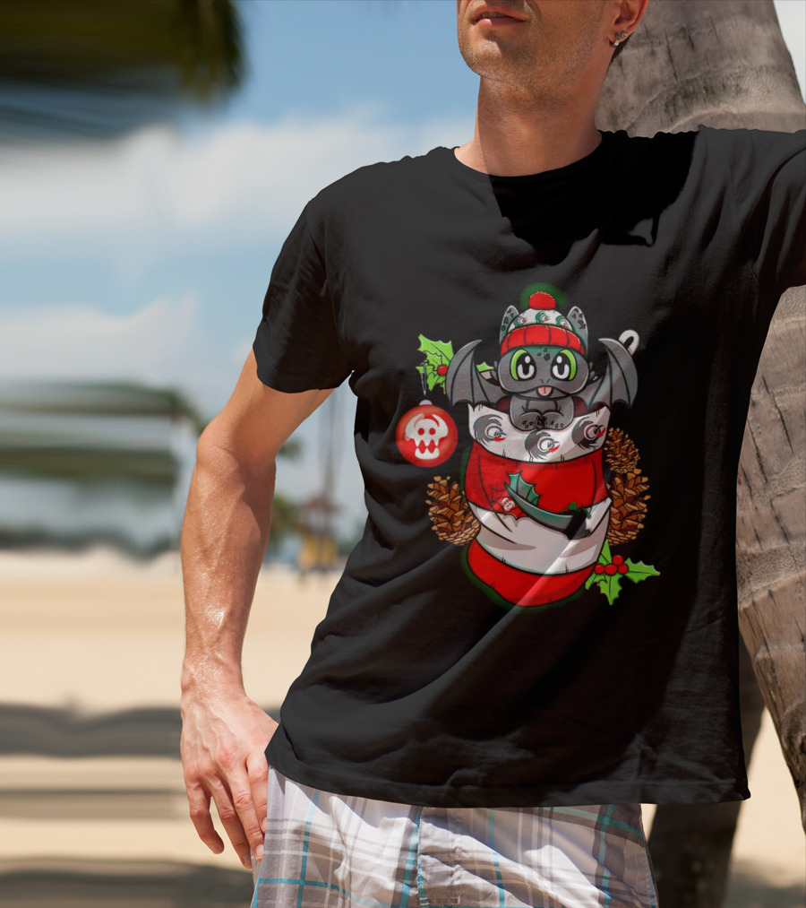 Baby Dragon Holiday Stocking With Skull Ornament And Pinecones T-Shirt