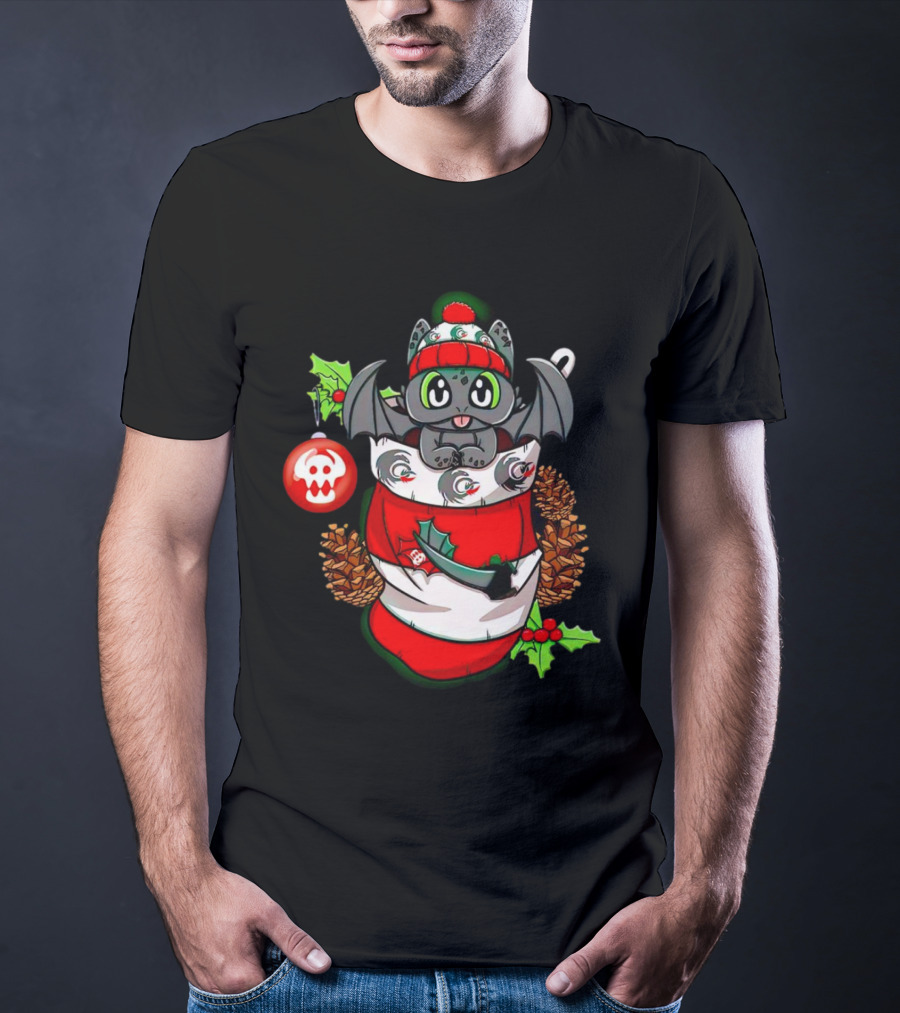 Baby Dragon Holiday Stocking With Skull Ornament And Pinecones T-Shirt