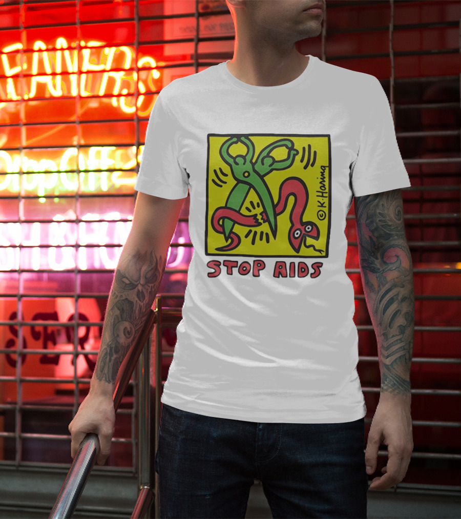 Keith Haring Stop Aids Scissors Cutting Snake T-Shirt
