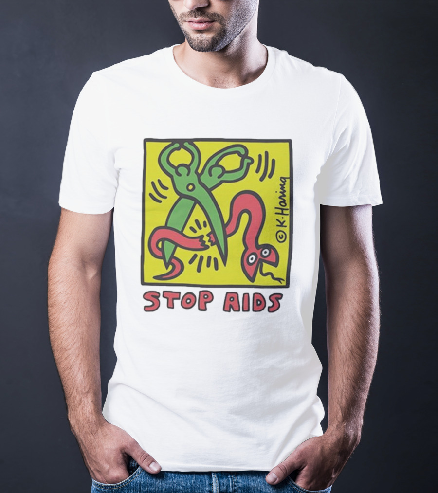Keith Haring Stop Aids Scissors Cutting Snake T-Shirt
