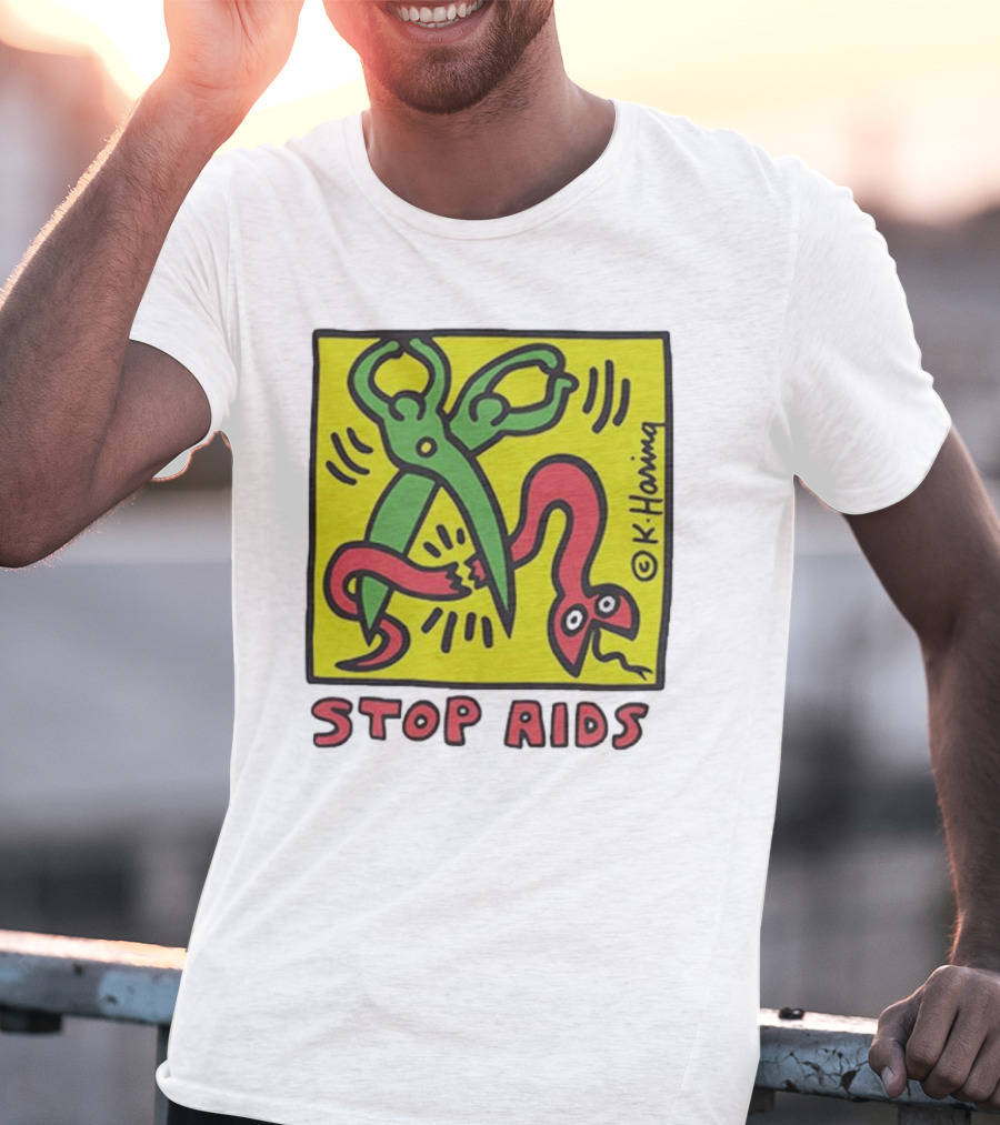Keith Haring Stop Aids Scissors Cutting Snake T-Shirt